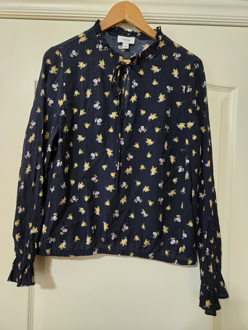 CeCe Navy Floral Ruffle Feminine Fall Light Tie-Neck Ruffle Blouse